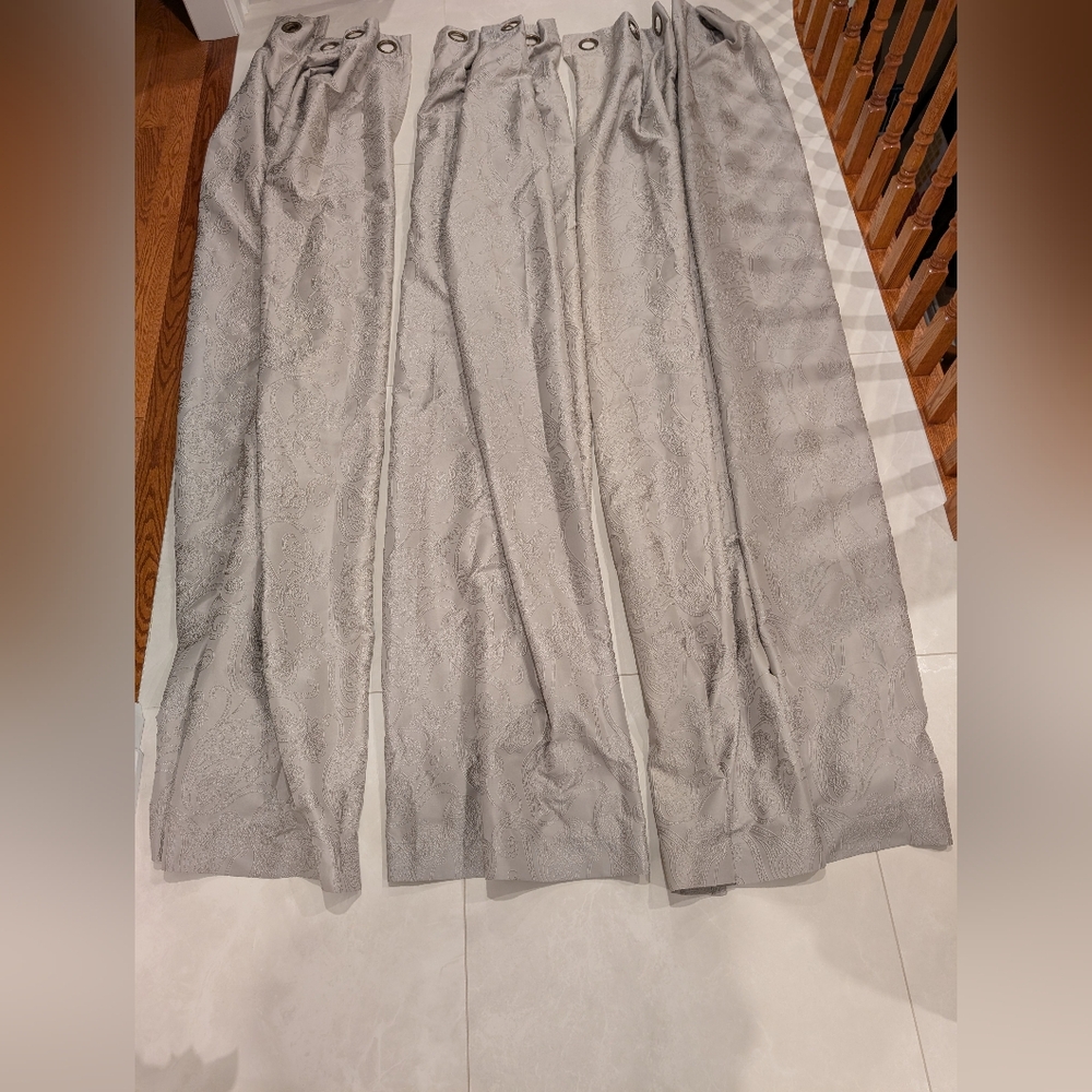 3 grey curtain panels. Each panel: 97 inches tall, 54 inch wide